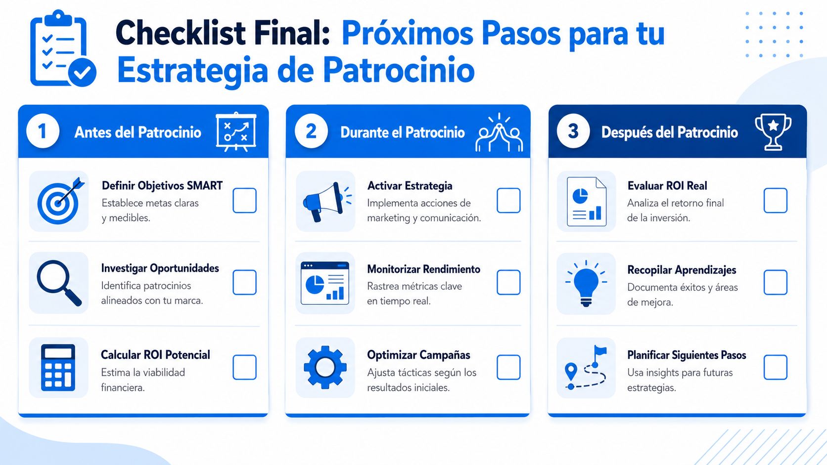 Lista de control detallada para gestionar eficazmente una estrategia de patrocinio profesional paso a paso.