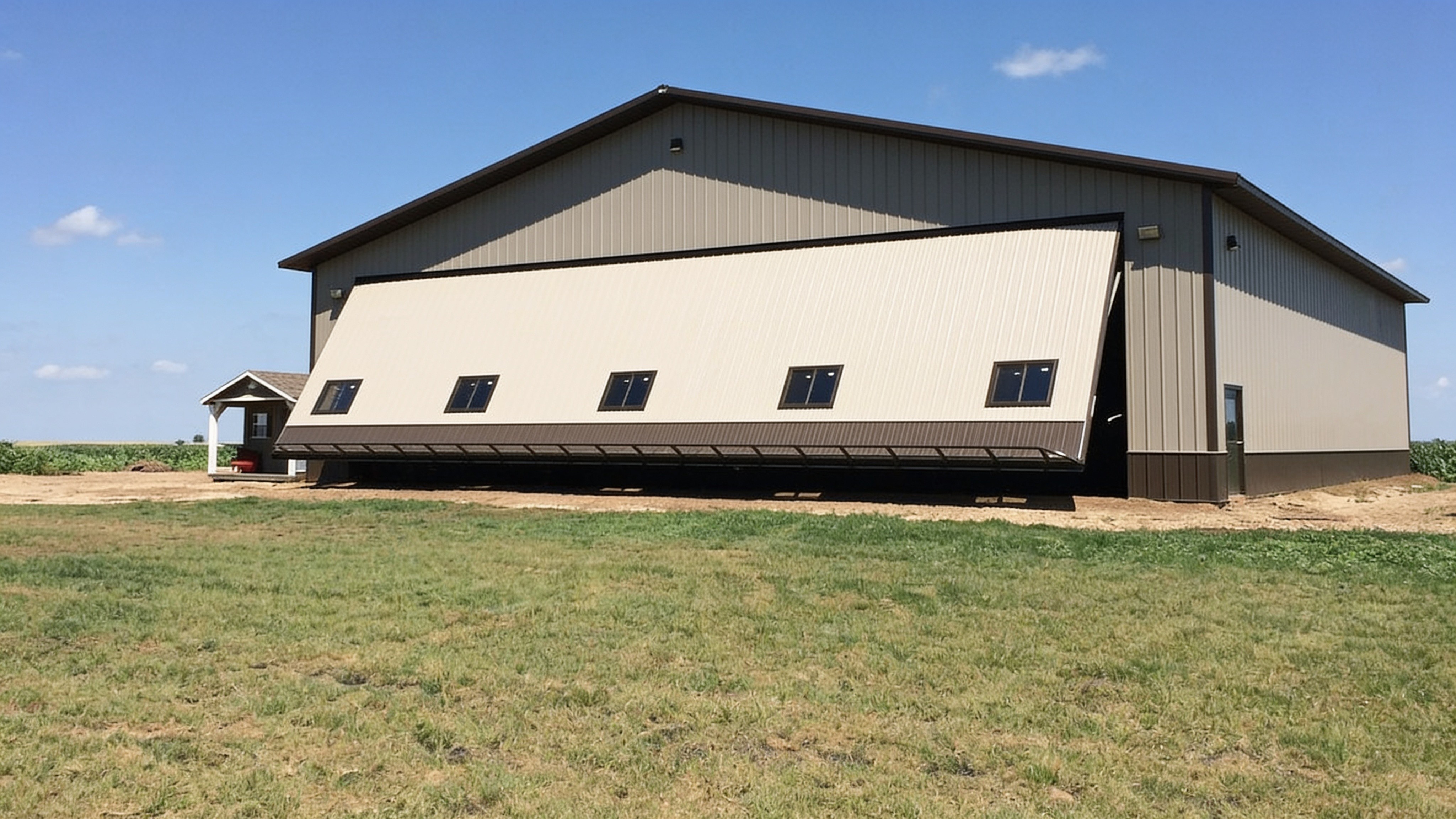 50-foot by 18-foot single-panel hydraulic agricultural door open on a metal farm shop