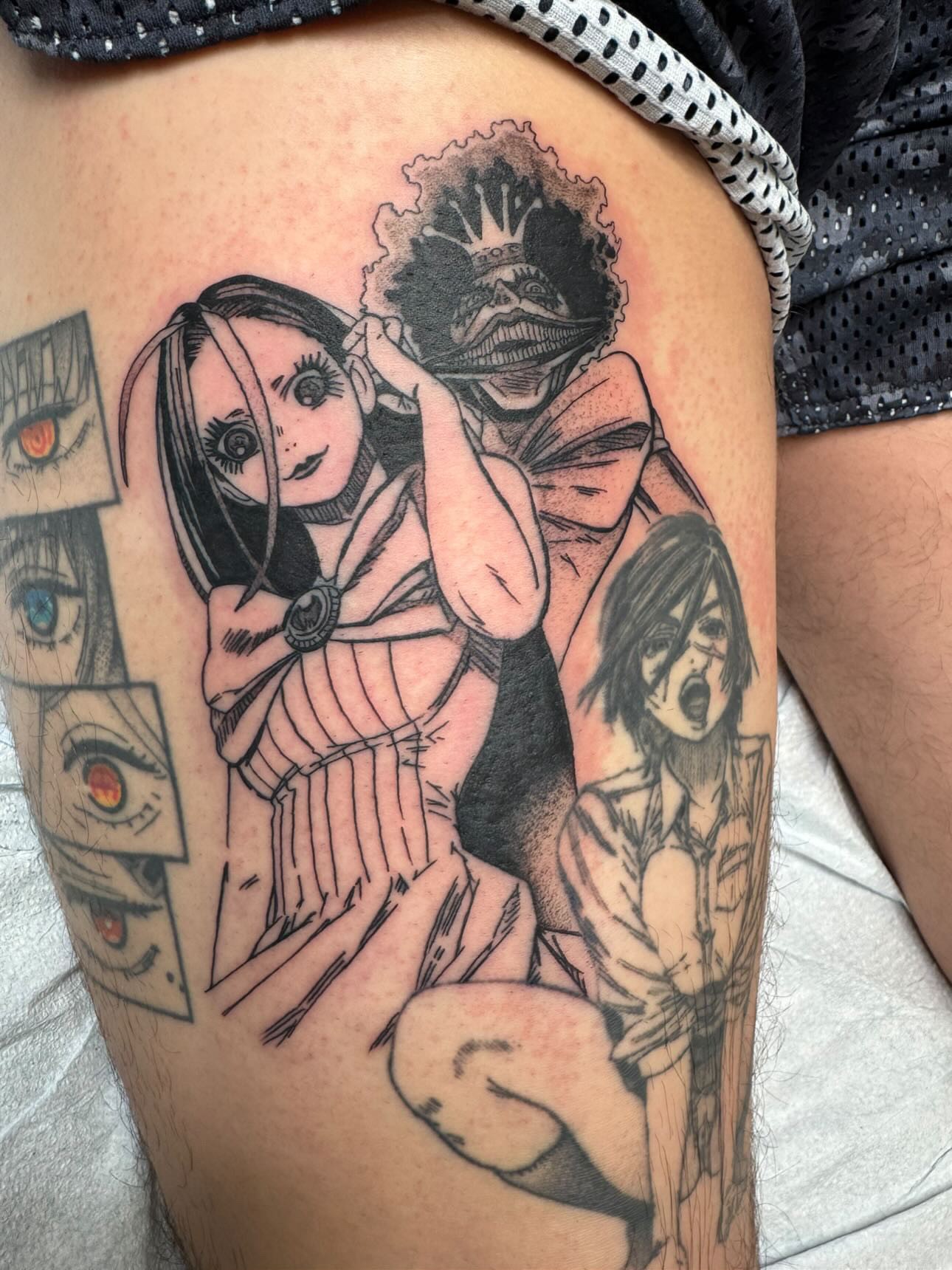 This tattoo features Yokai Reiko and Turbo Granny in a distinct manga panel style. The linework brings a gritty, hand-drawn aesthetic reminiscent of Dandadan's source material. Reiko's eerie charm and Turbo Granny's mischievous presence make this piece a standout for fans of horror and humor in manga.