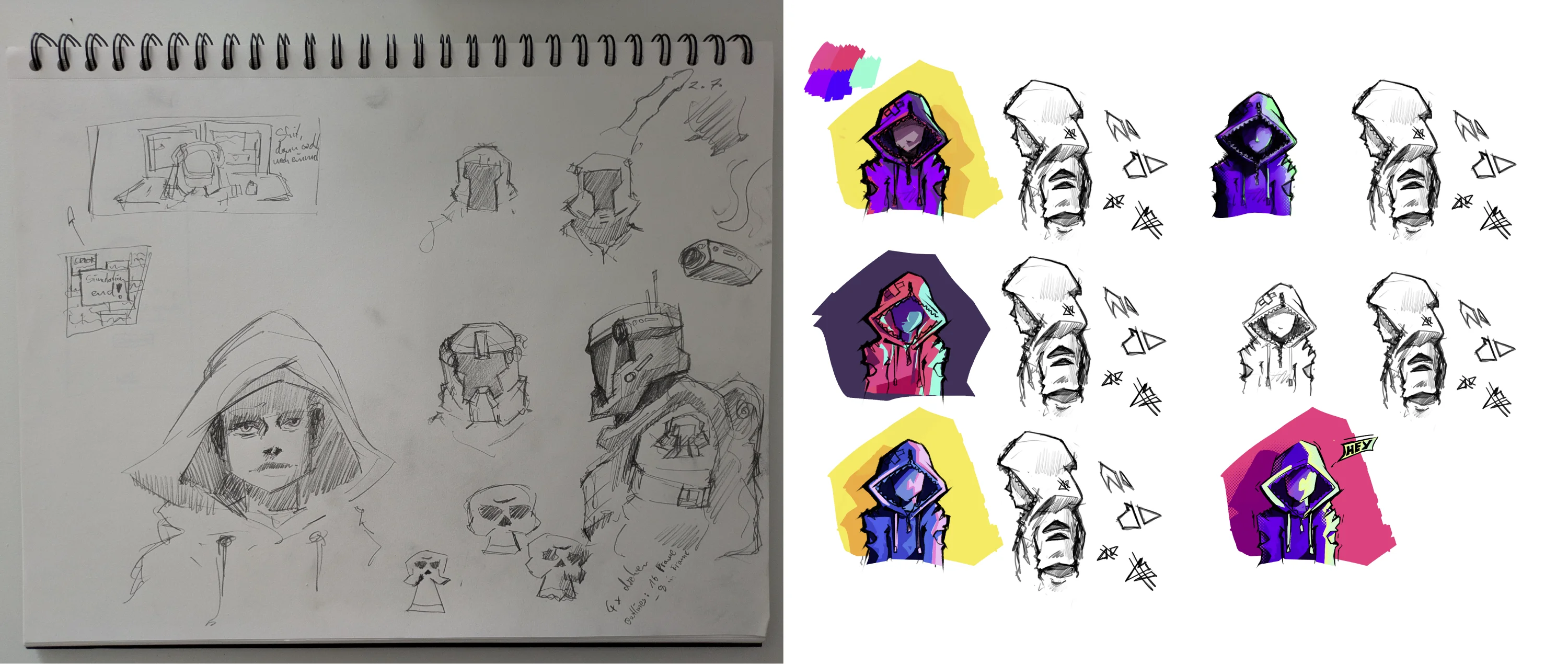 First character concepts. On the left are sketches of the main character and a security guard in a notebook. On the right are digital color schemes and style tests, showing the visual development of the project.
