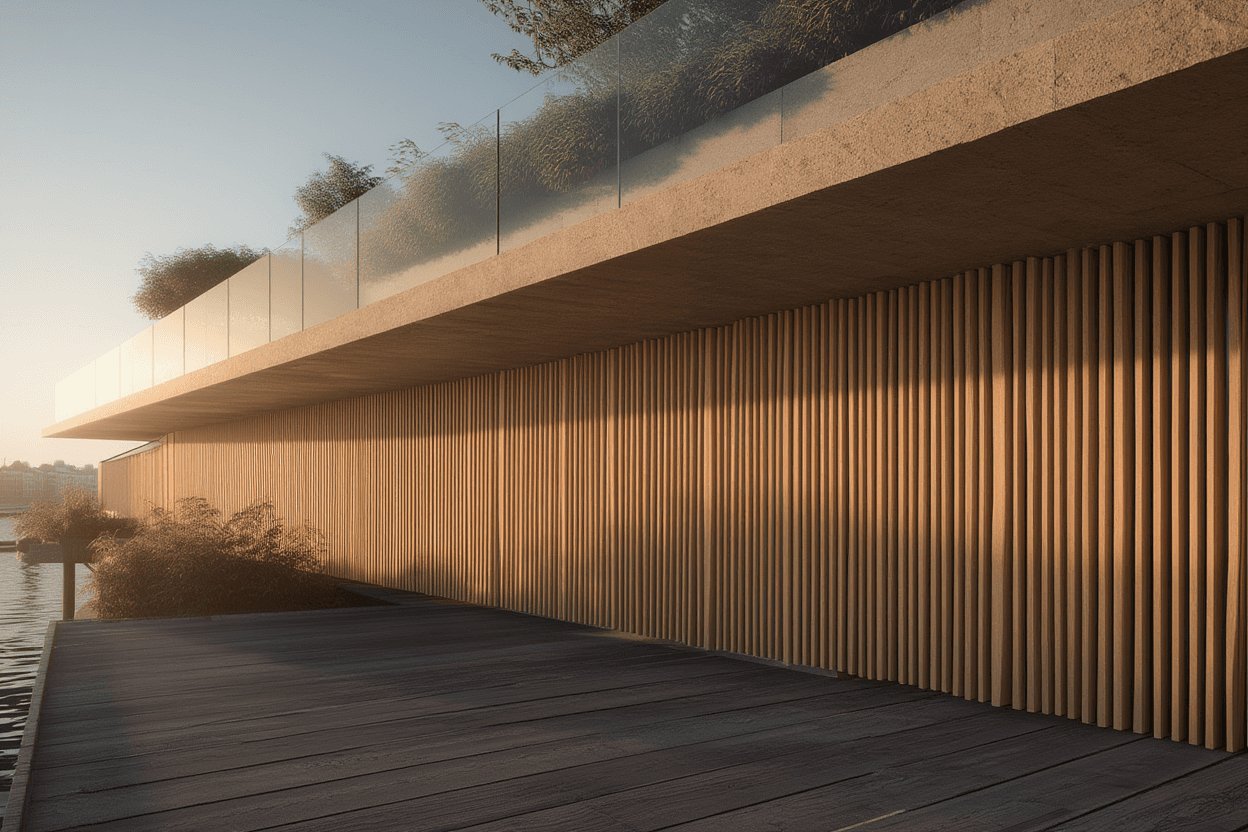 Vertical wooden fence detail and landscape design
