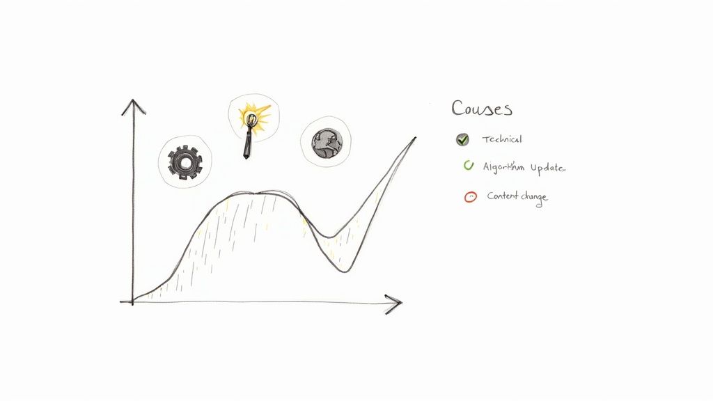 Graph showing technical and algorithm update causes affecting SEO ranking fluctuations over time