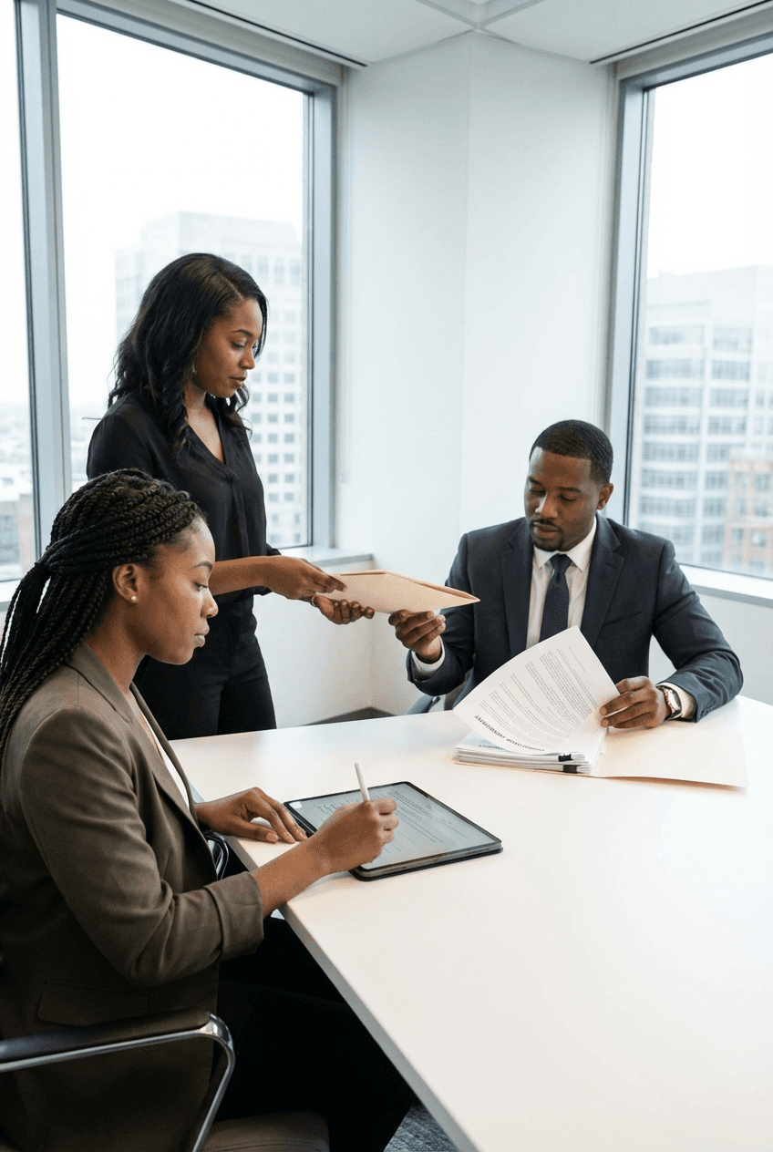 Earth-toned minimalist interior with travertine desk, plaster walls, and natural light.