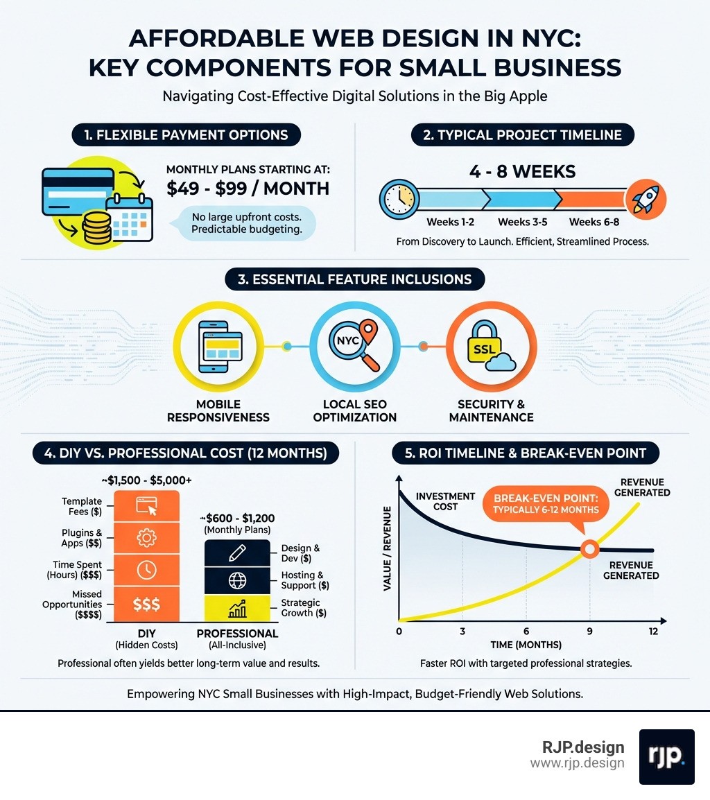Infographic showing the key components of affordable web design in NYC: monthly payment options starting at $49-99, typical timelines of 4-8 weeks, essential features including mobile responsiveness and local SEO, comparison of DIY vs professional costs over 12 months, and ROI timeline showing break-even point for small businesses investing in professional web design - affordable web design New York infographic