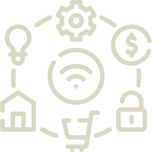 Internet of Things network showing Wi-Fi hub connected to home, shopping cart, security, and payment icons