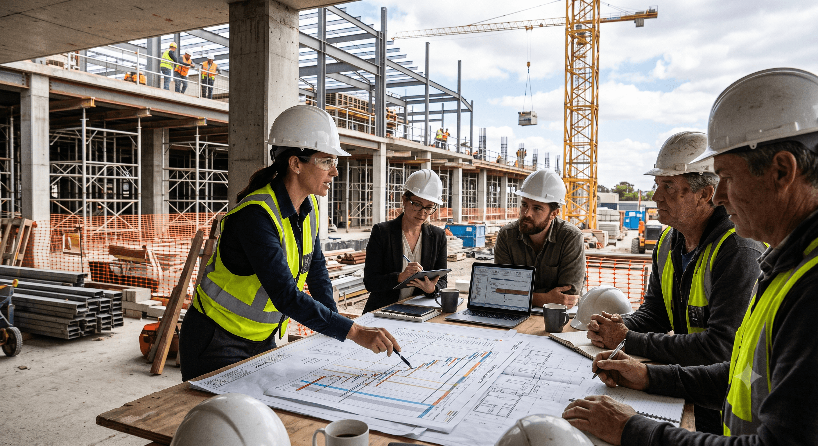 Commercial construction team reviewing project schedules to prevent delays on an Ontario construction project.
