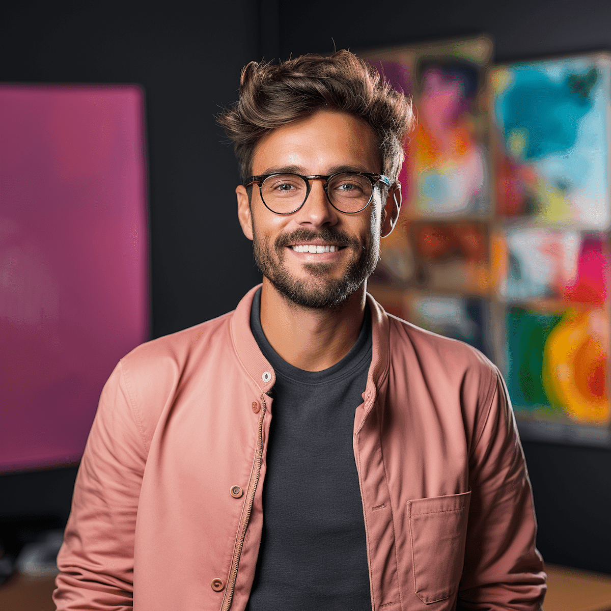 Portrait of a young man wearing glasses and a pink jacket, standing in an art studio surrounded by colorful artwork.