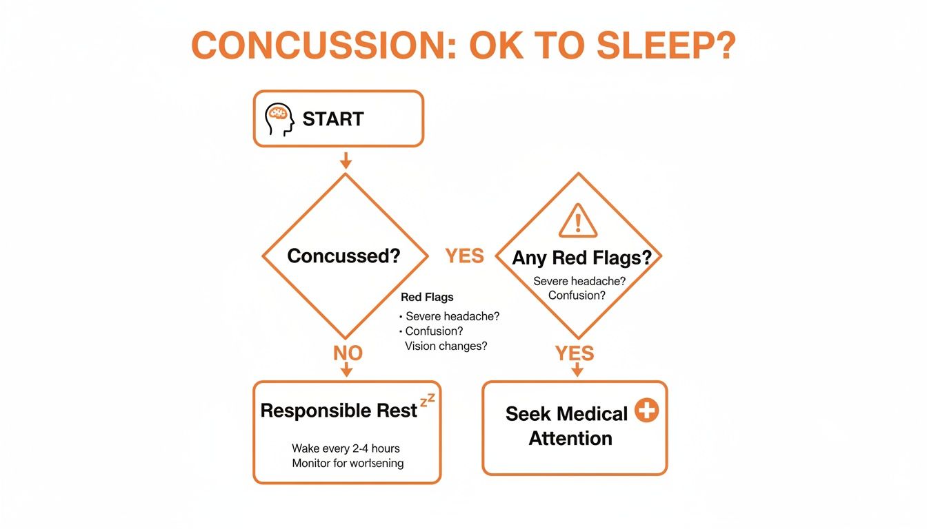 Decision flowchart for concussions, guiding safe sleep based on red flag symptoms.