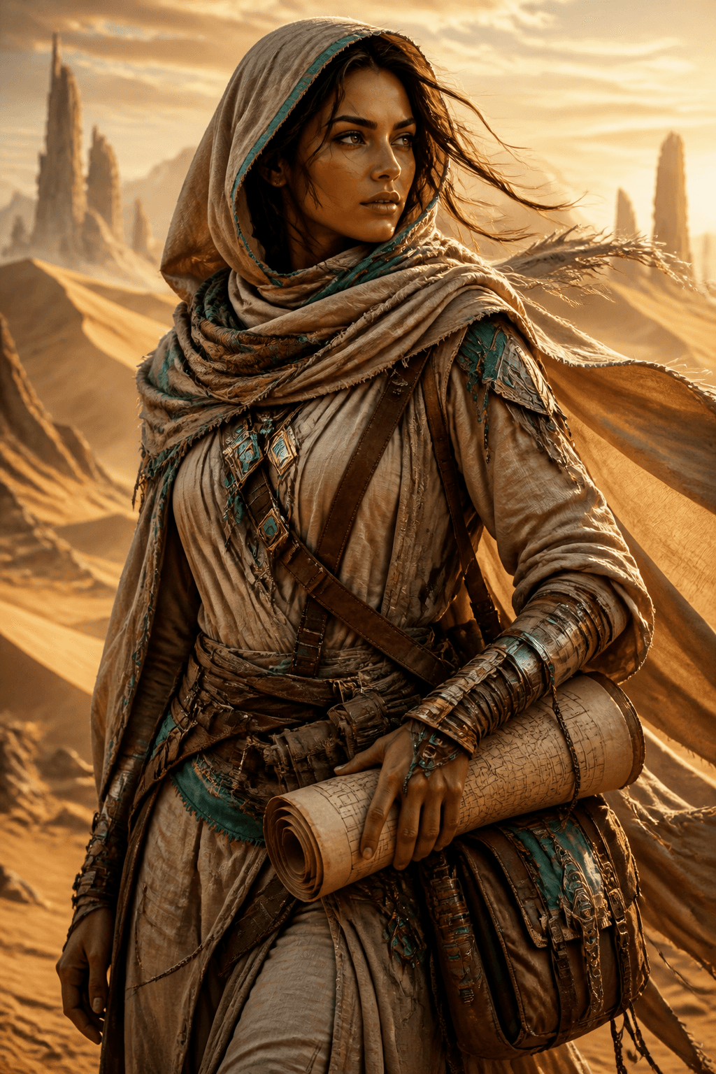 Original AI-generated desert cartographer among golden dunes