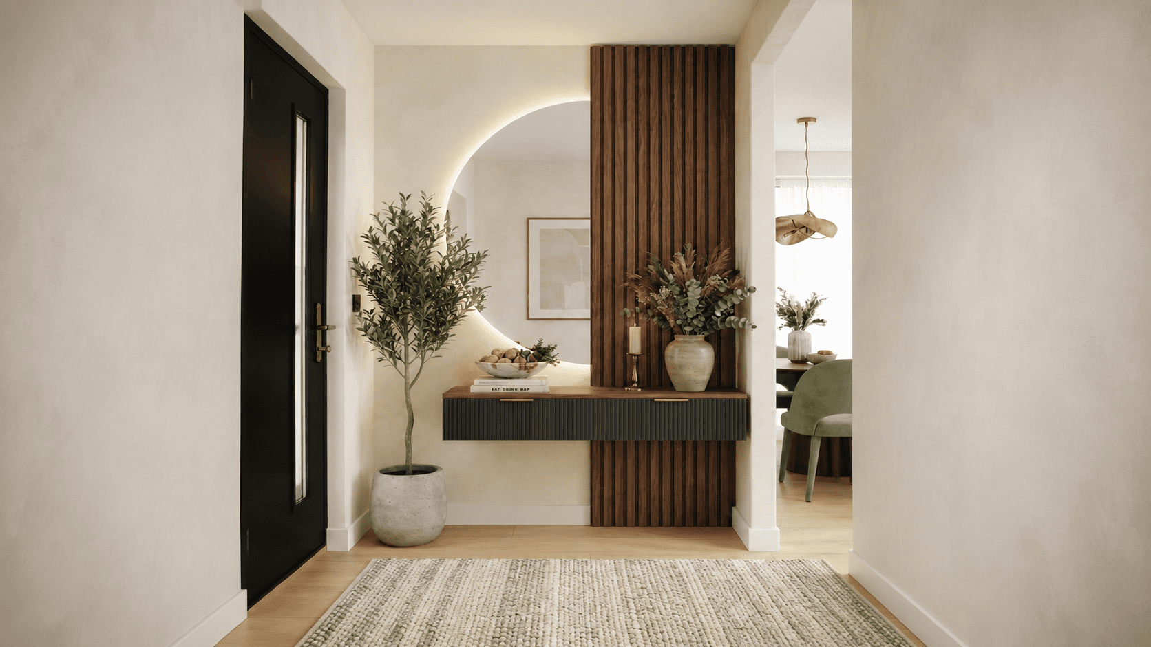 Hall de entrada con paneles WPC símil madera, espejo circular, consola flotante negra y planta decorativa