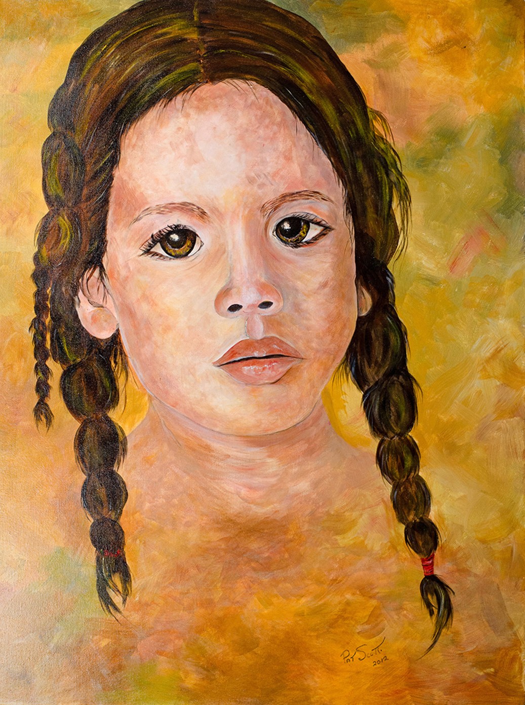The face of a Cherokee girl looks towards the viewer, her hair in braids.