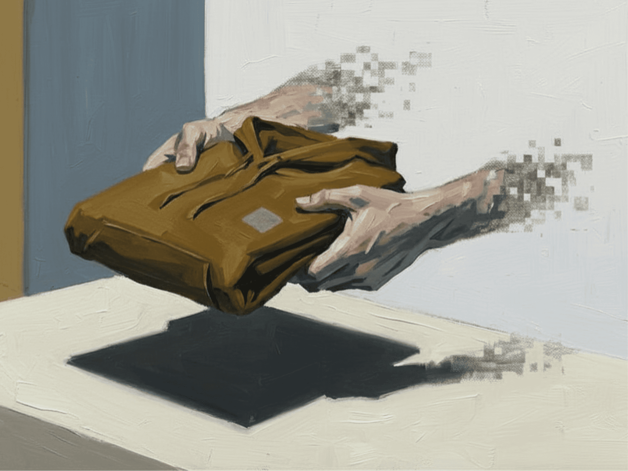 Oil painting in the style of Edward Hopper showing two hands holding a folded olive-colored garment, the arms dissolving into digital pixel static at the wrists against a pale wall.