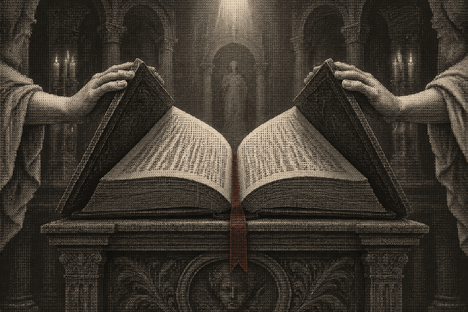 Two marble hands closing a heavy open ledger on a stone lectern, a single red ribbon bookmark hanging from the pages