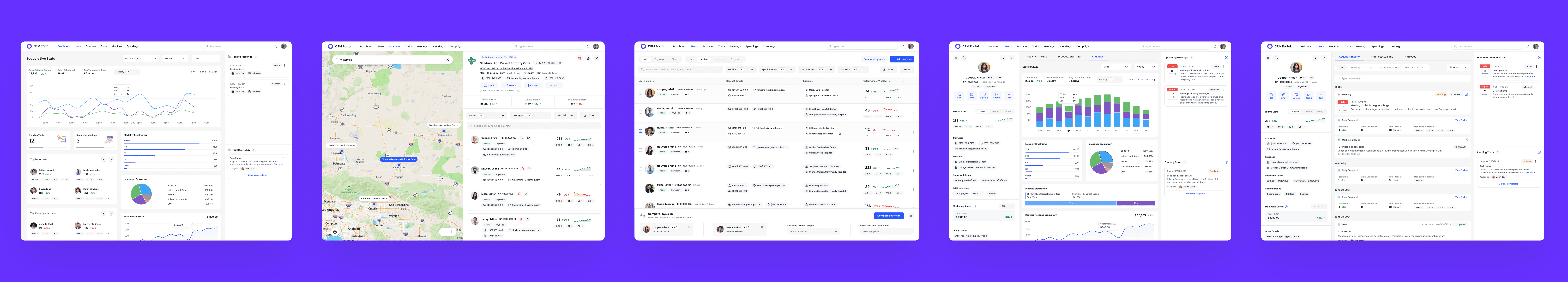 Multiple desktop screens ui showcasing different modules of crm portal as sneak peak.
