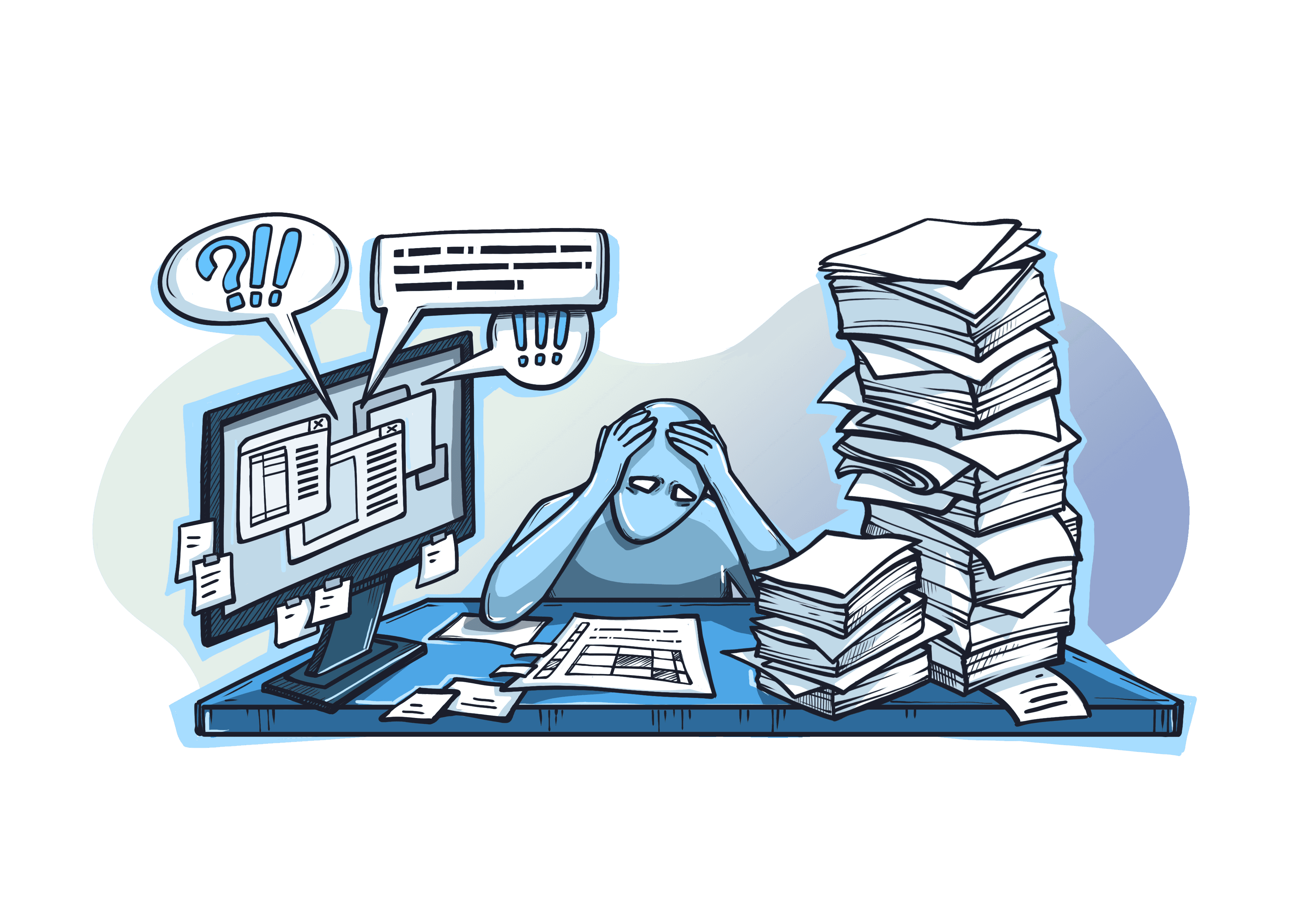 Person holding their hands on their head overwhelmed by pile of permits on a desk