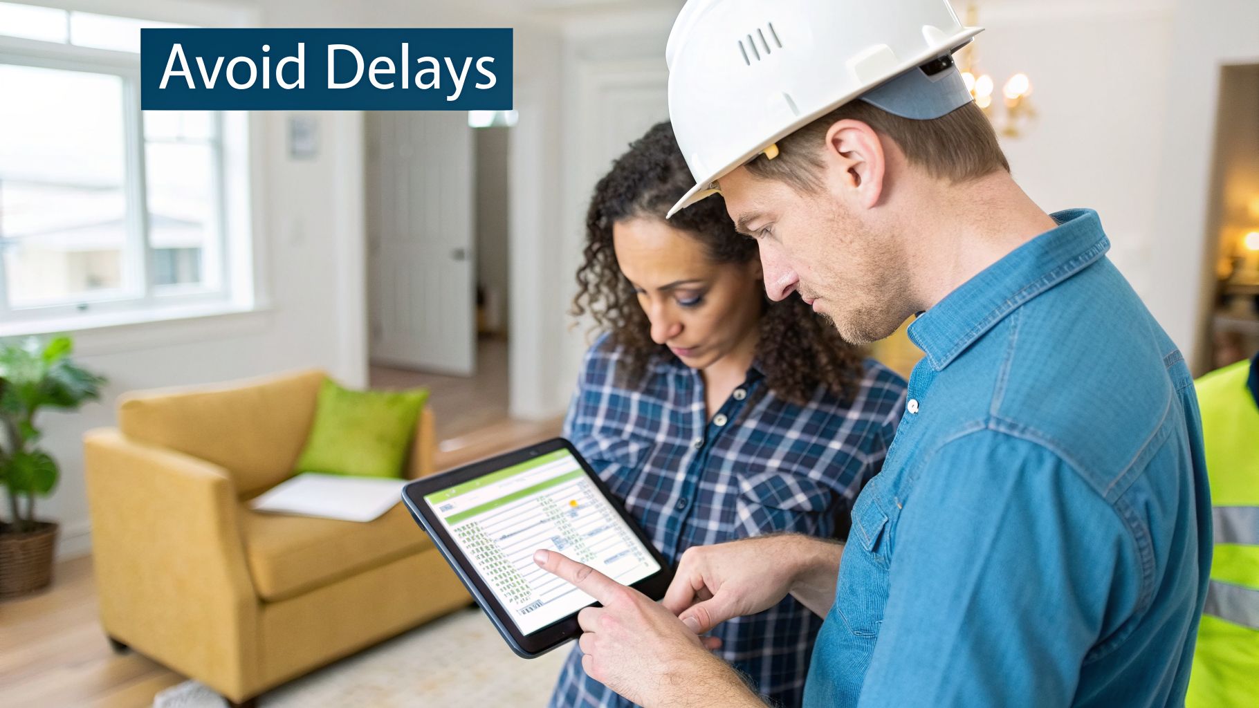 Two construction professionals, one in a hard hat, review project plans on a tablet to avoid delays.