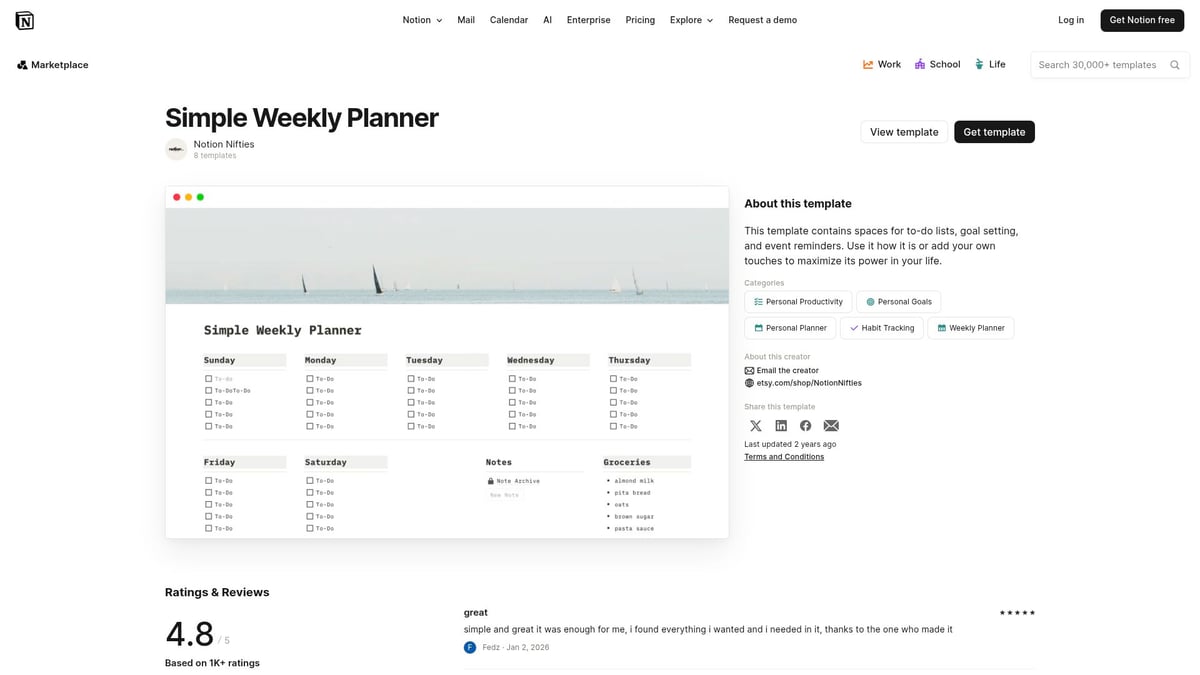 7 Best Week Planner Notion Template Picks for 2026 - Simple Weekly Planner – Notion Nifties