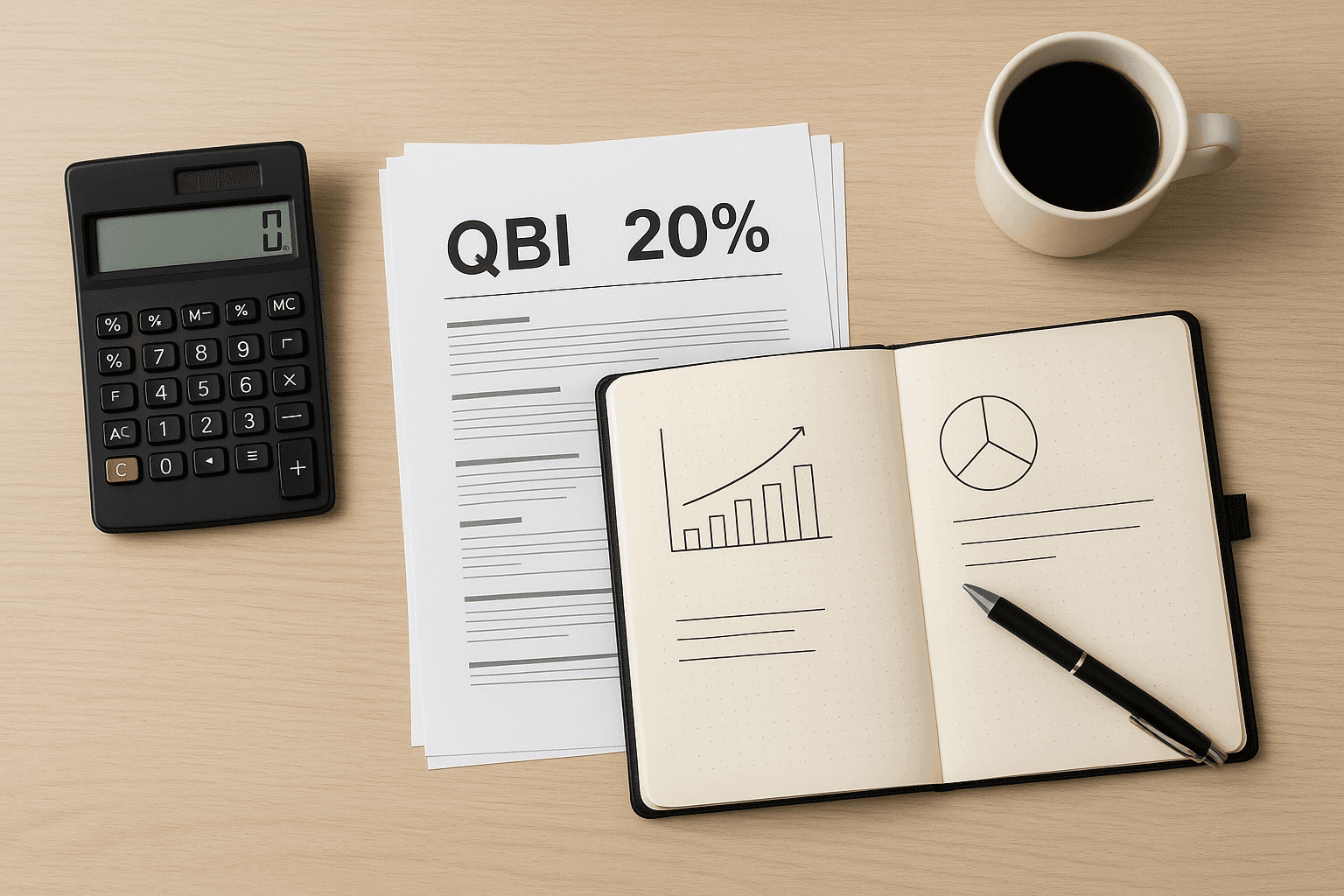 Overhead view of a modern desk with a calculator, tax documents labeled “QBI 20%,” and an open notebook showing charts and notes.
