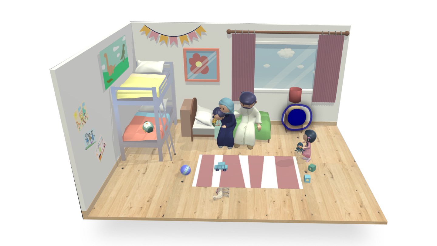A 3D animation scene with a family in a room