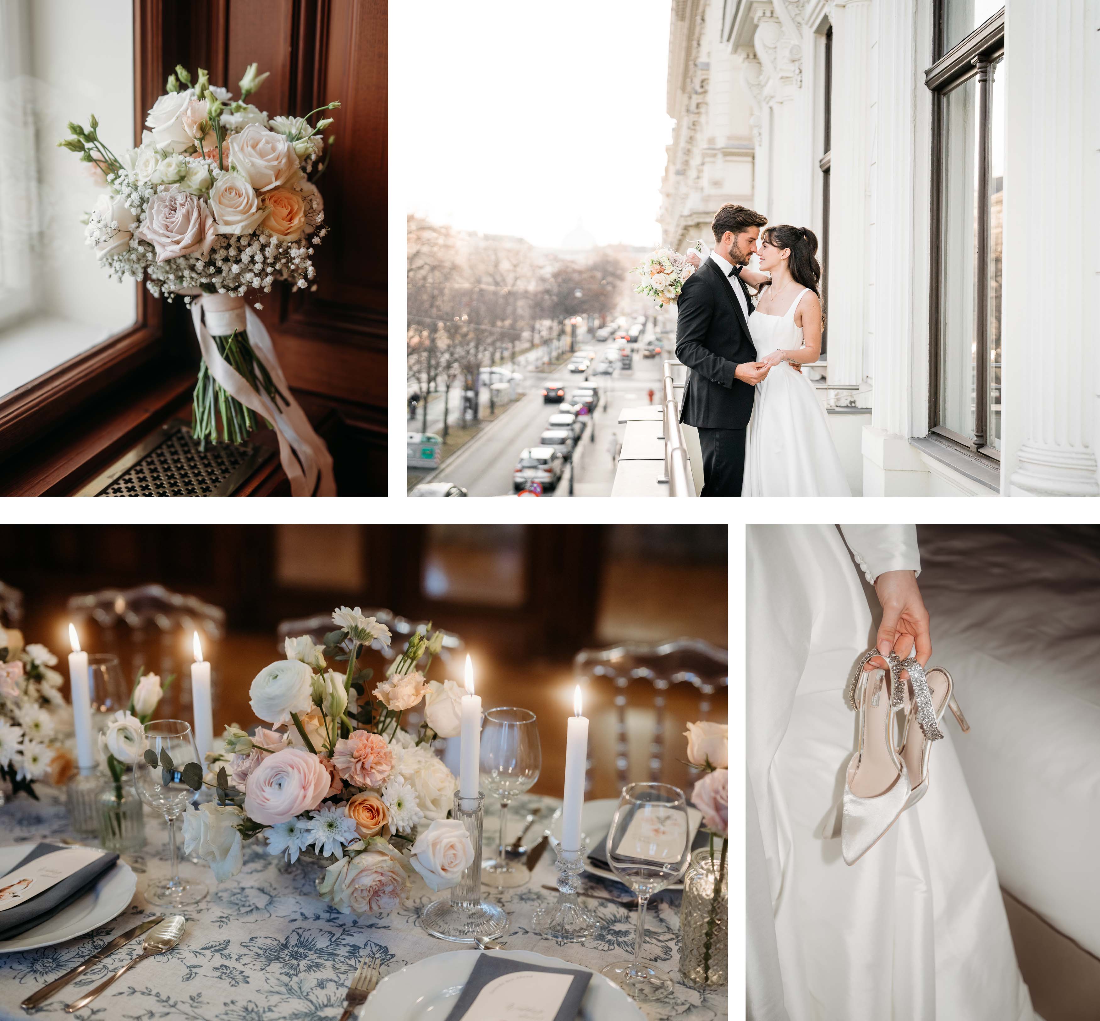 Collage von vier Bildern, die eine Tischdekoration, einen Brautstrauß, ein paar Brautschuhe und ein Hochzeitspaar auf einem Balkon zeigt.
