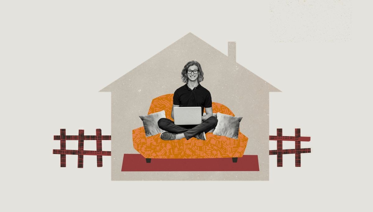 Person with laptop sitting on couch inside house graphic, symbolizing remote jobs hiring now and how to find legitimate work from home.