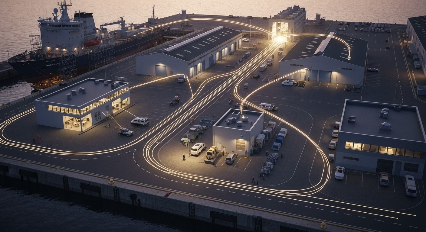 Aerial view of a modern dockyard with illuminated pathways connecting ships, workshops, and offices, symbolising how objectives across an organisation align toward one shared key result.