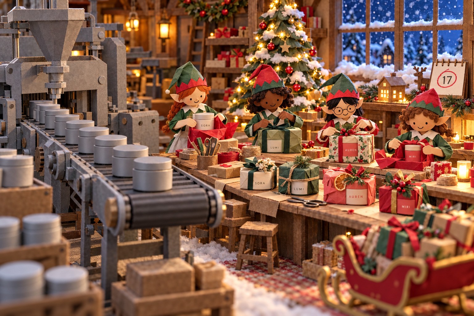 A paper Santa workshop: a grey machine stamps out identical jars while elves of different looks hand-wrap different skincare gifts