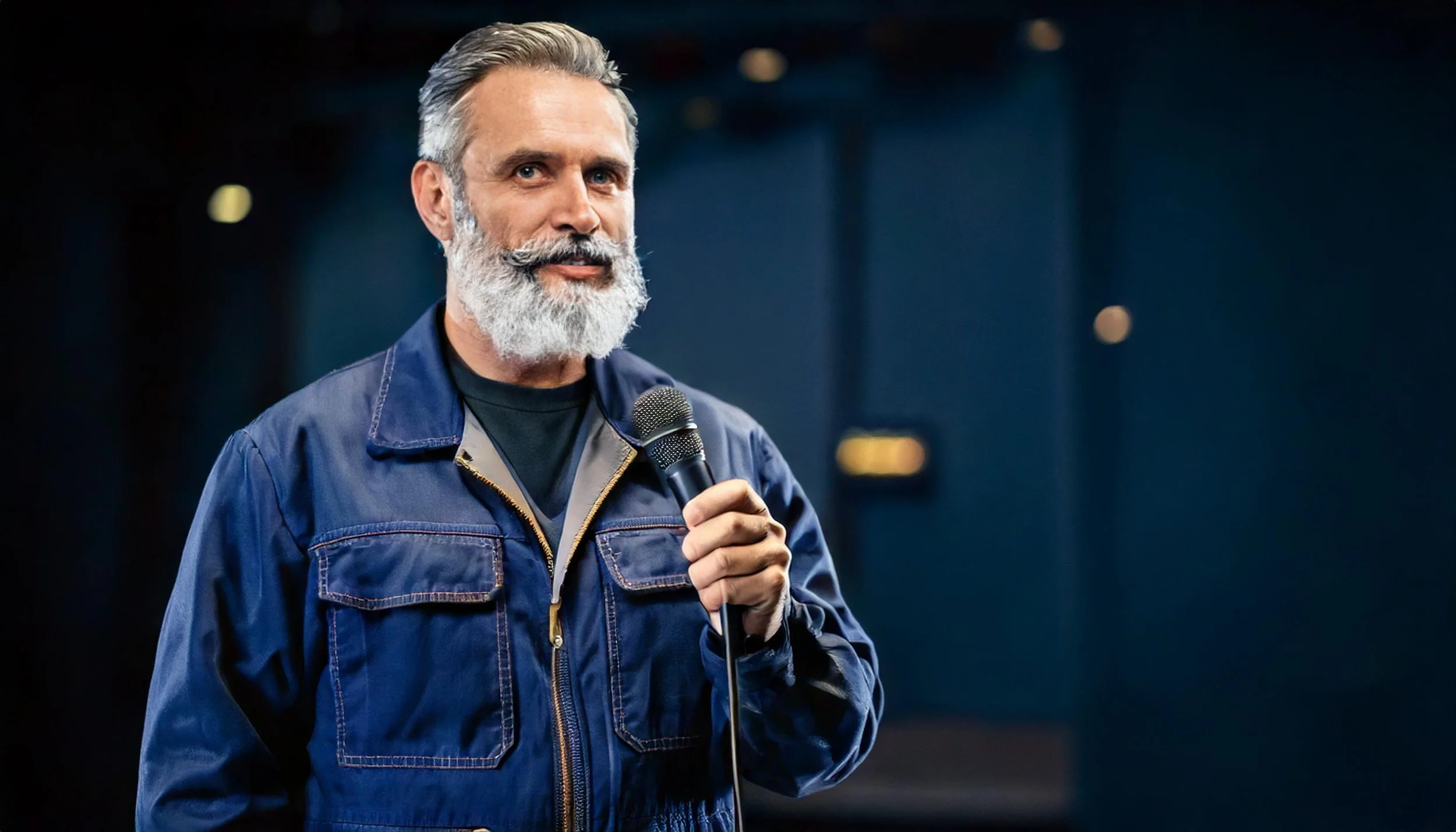 Mann der ein Mikrofon hält