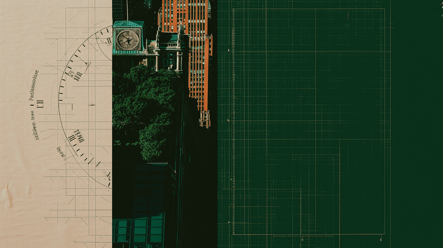 A complex digital product collage featuring architectural blueprints, a clock tower, and a dark green grid symbolizing.