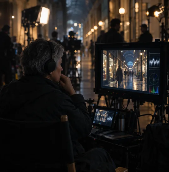 Directora con auriculares mira una toma en el monitor durante un rodaje nocturno