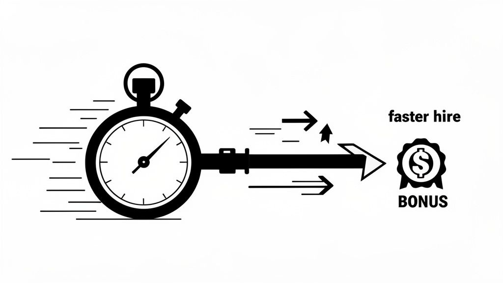 An illustration showing a fast stopwatch leading to a 'faster hire' bonus, symbolizing efficiency and rewards in employee referral program examples.