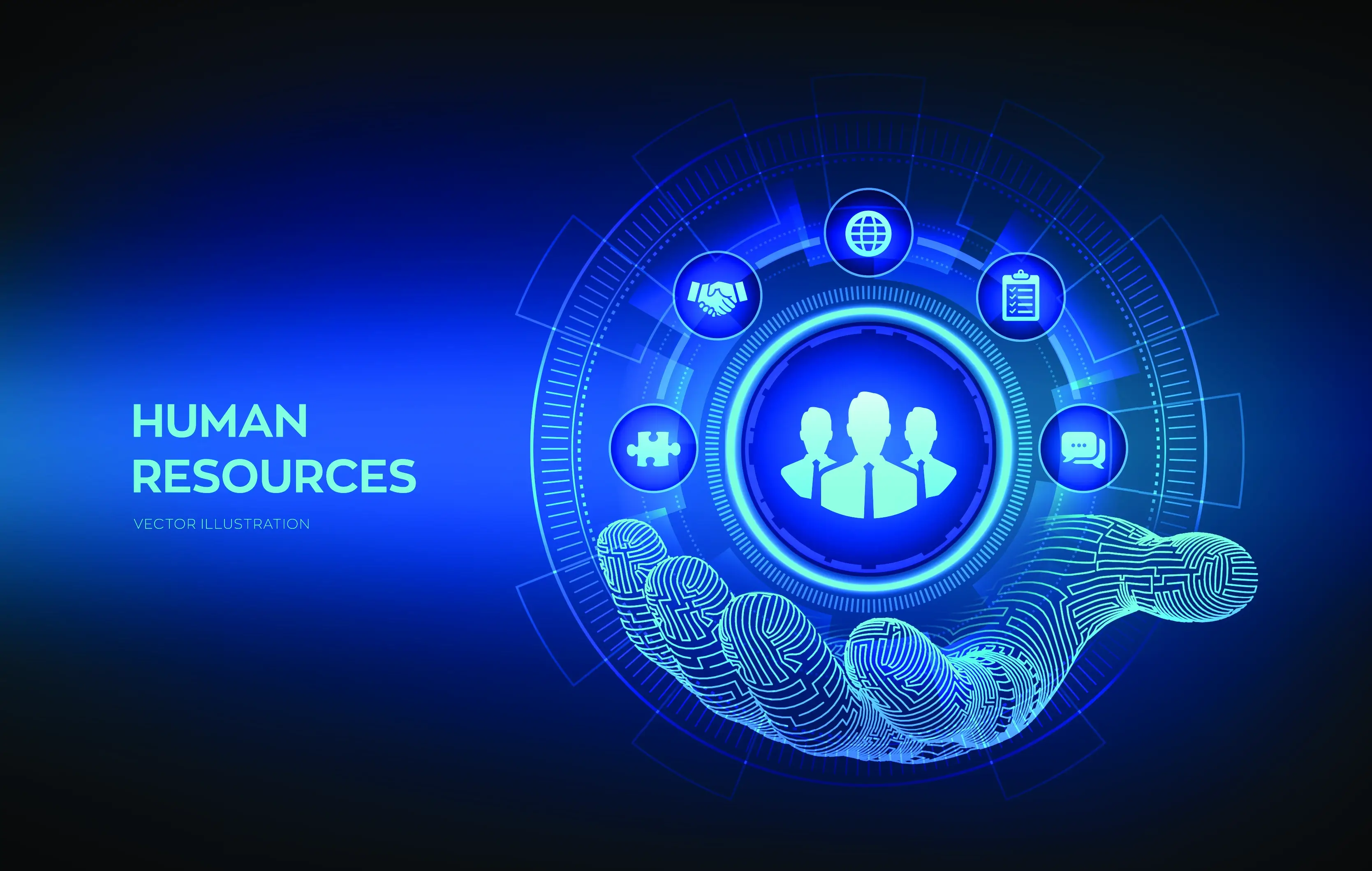 human resources diagram glowing circular diagram being held by large digital hand