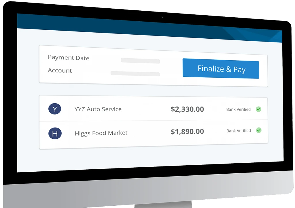 Desktop computer displaying PayEvo vendor payment interface with bank-verified transactions ready for approval