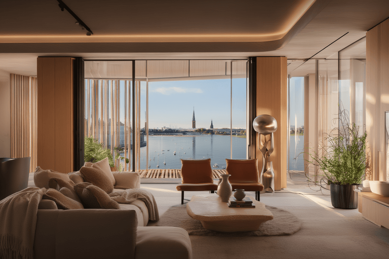 Modern living space with waterfront views and warm wood finishes
