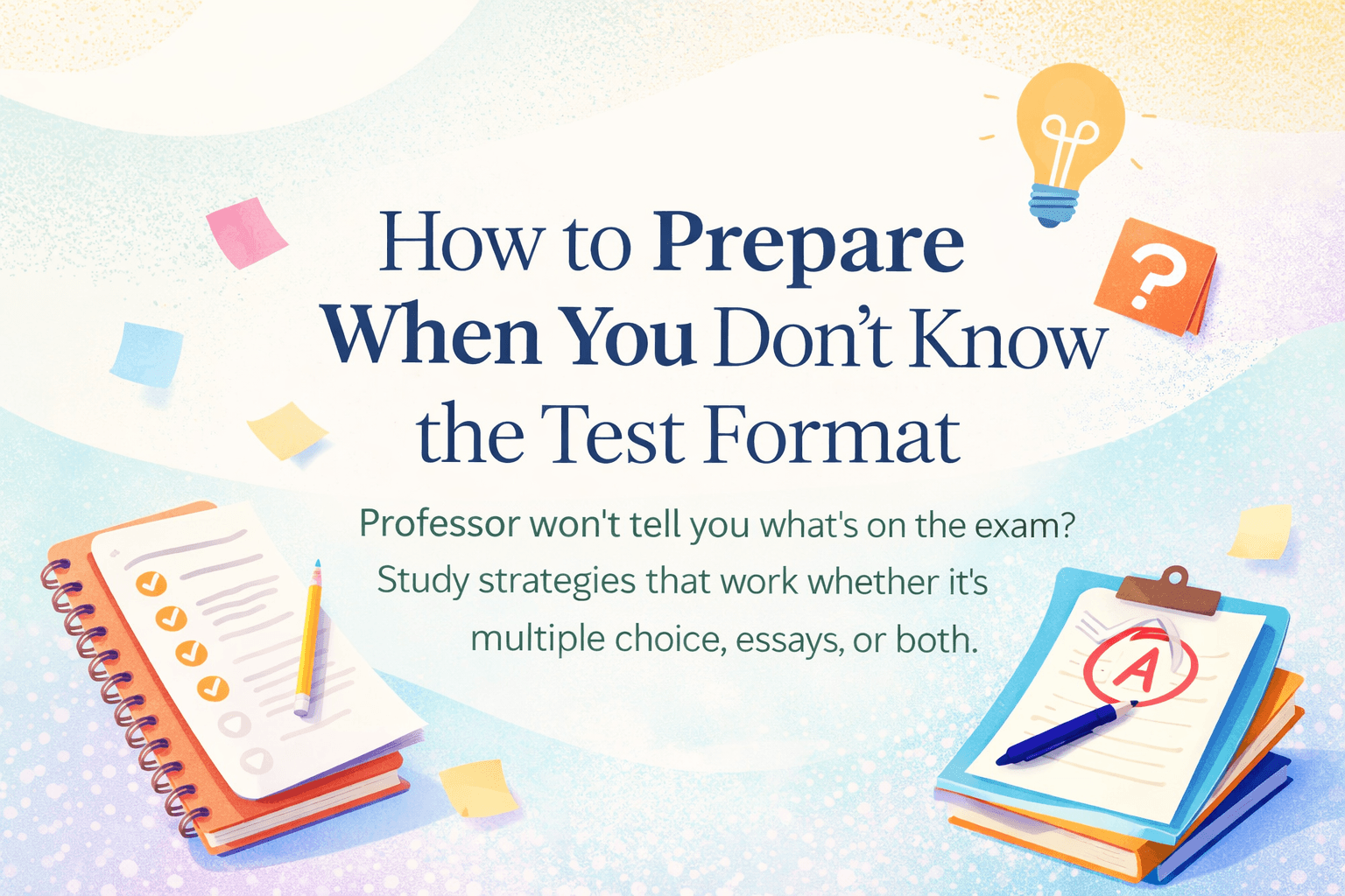 How to Prepare When You Don't Know the Test Format with notebooks, checklist pages, and a lightbulb highlighting flexible exam prep.