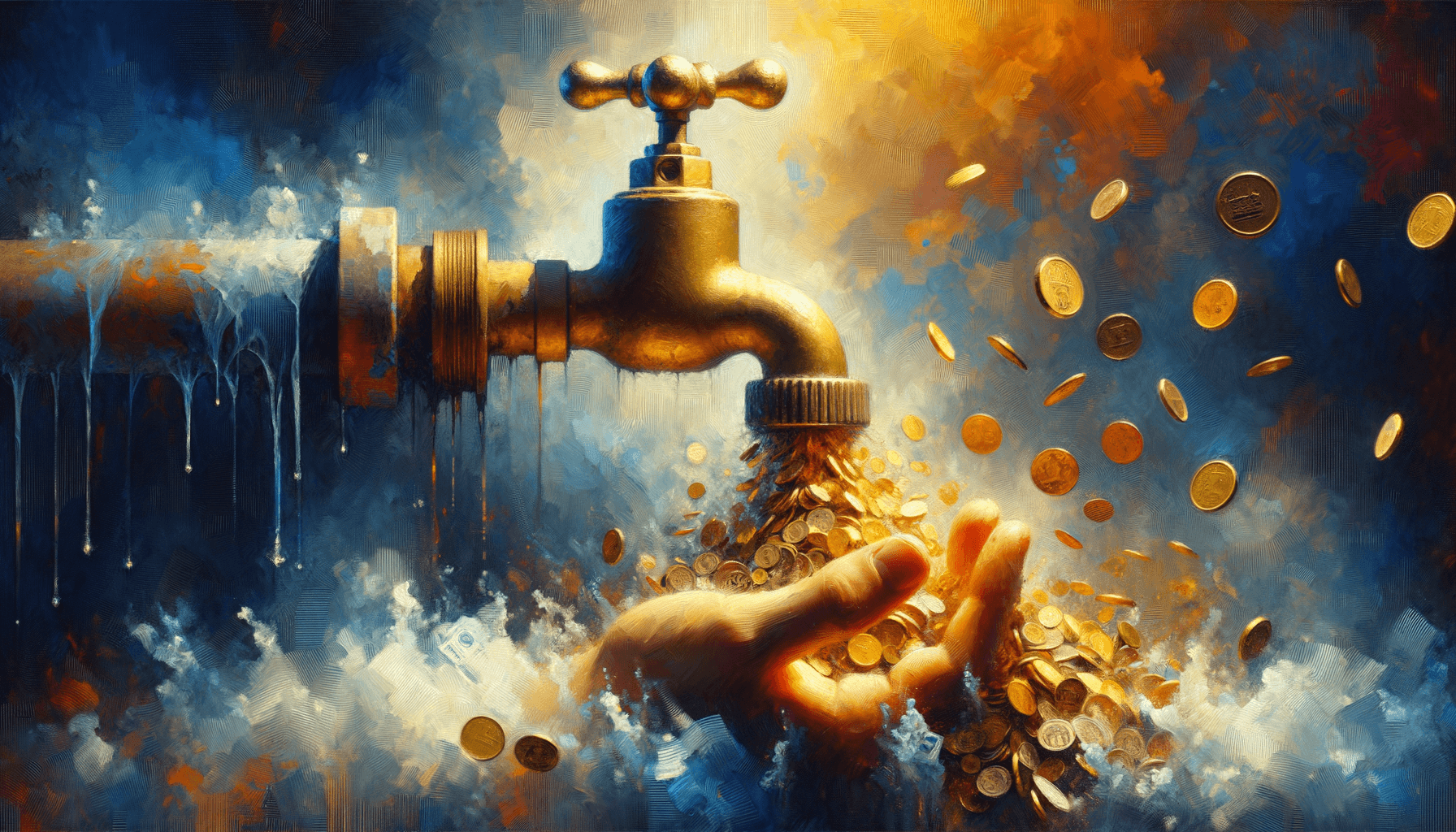 Oil painting of golden coins cascading from a brass faucet into an overflowing basin