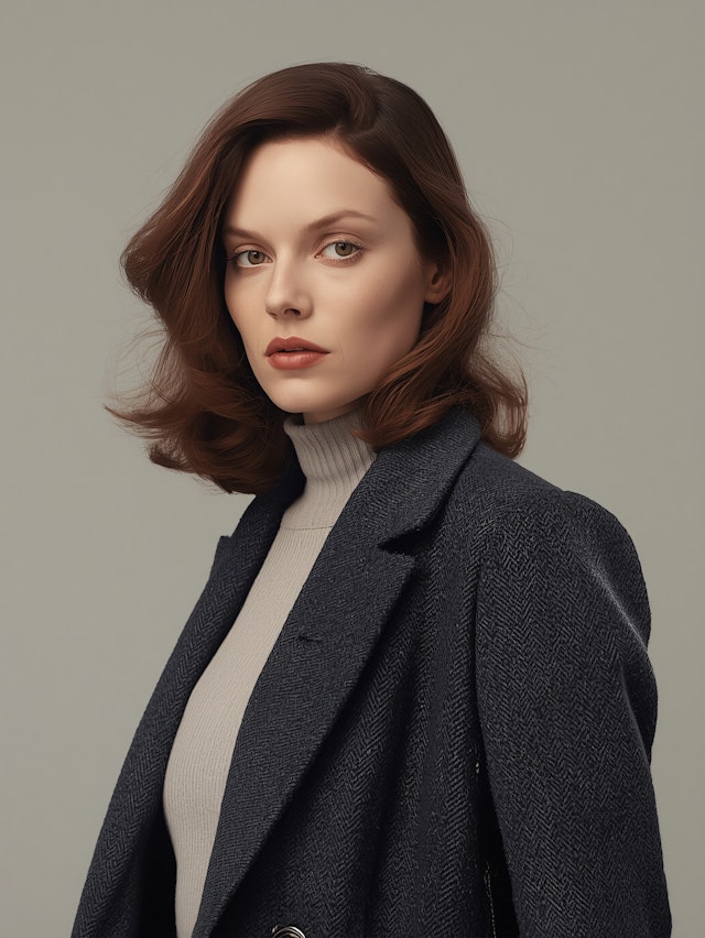Elegant professional portrait of a woman with auburn hair wearing a charcoal herringbone coat and turtleneck.