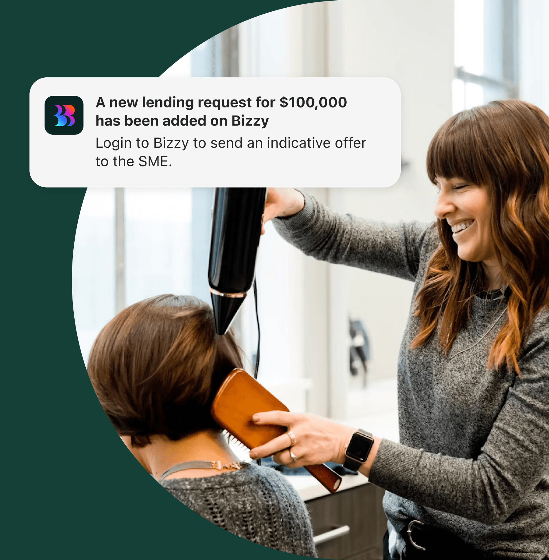 Image of hairdresser with notification of a new lending request on Bizzy platform