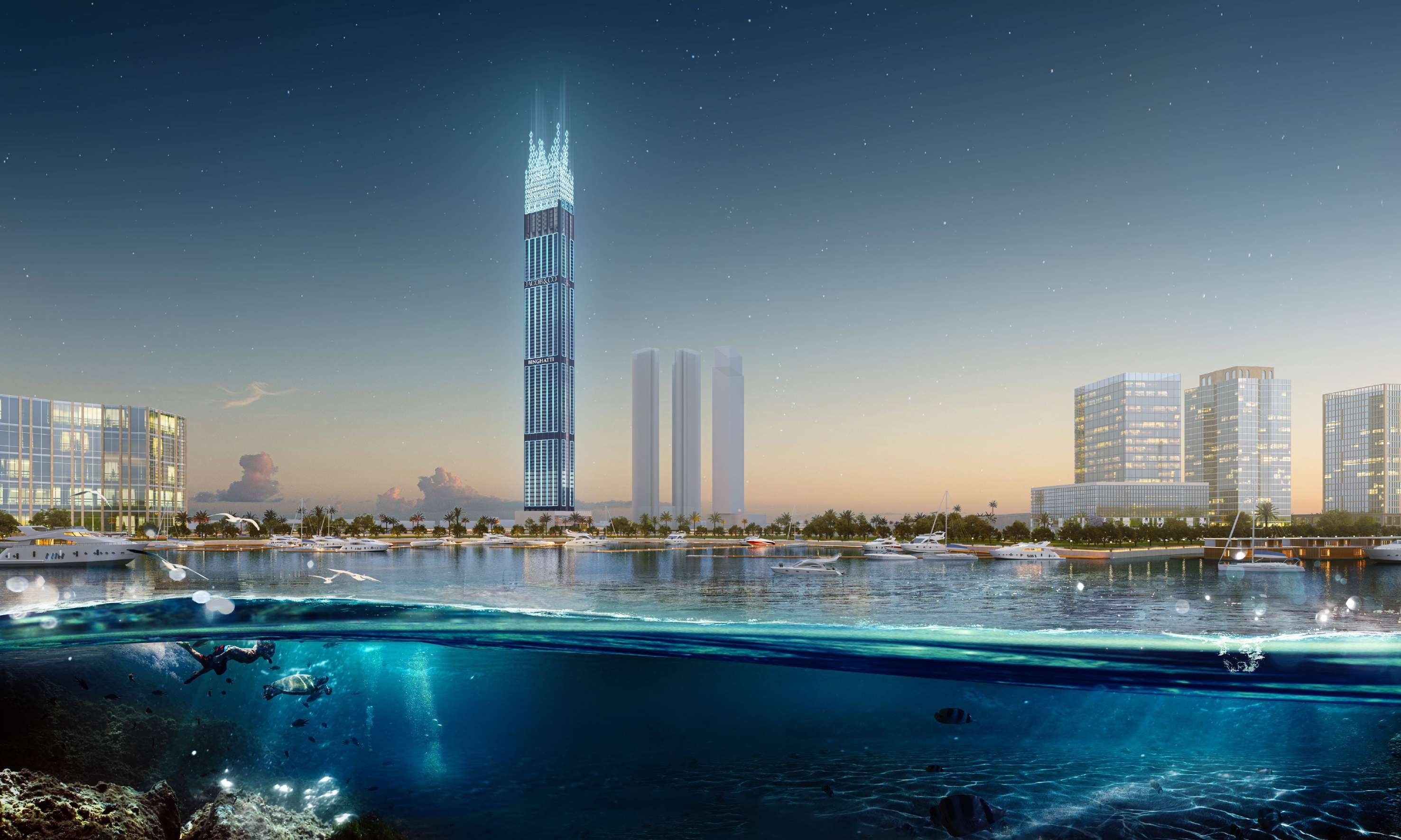 Iconic architectural design of Burj Binghatti Jacob & Co Dubai — diamond-inspired structure symbolizing luxury. Invest in Dubai property using crypto through Tylt.