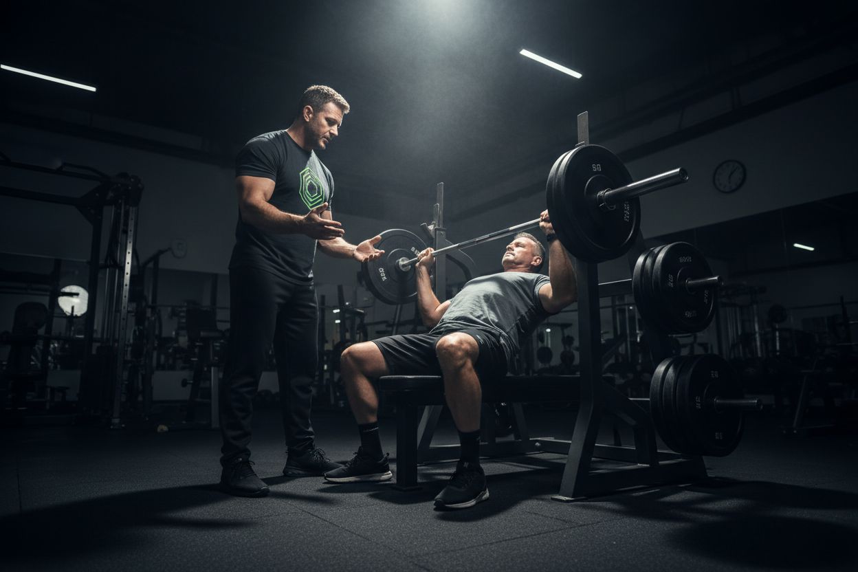 Coach guiding bench press form
