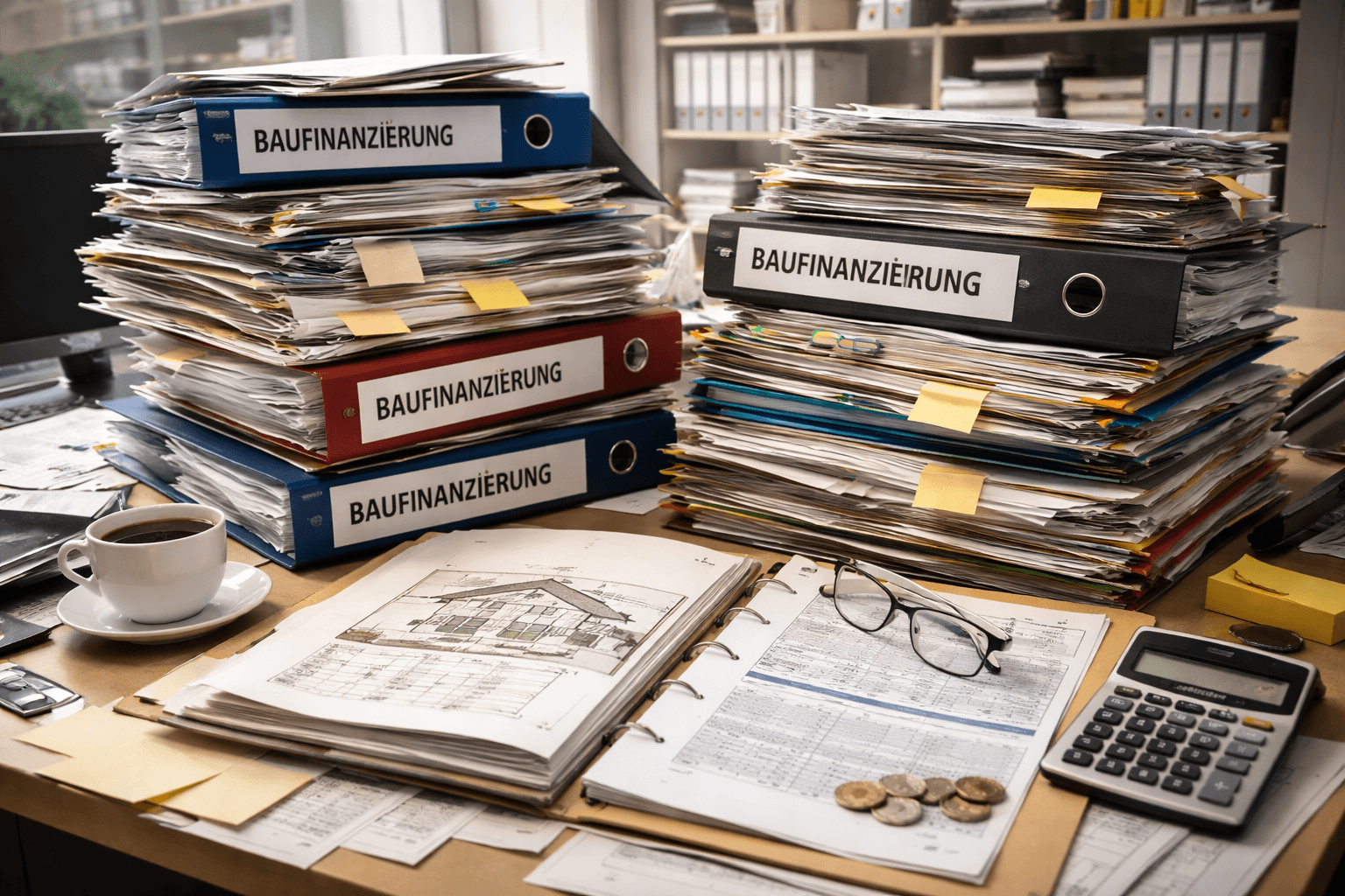 Ordner und Dokumente für eine Baufinanzierung auf einem Bürotisch. Typische Unterlagen wie Finanzierungsakten, Berechnungen und Immobilienpläne für einen Baufinanzierungsantrag.