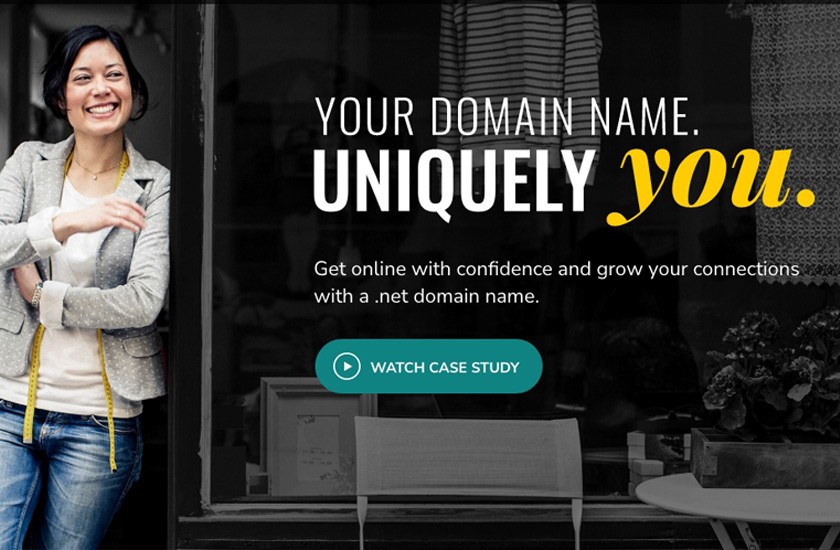 .net Marketing Campaign project thumbnail showing person in yellow glasses with brand color treatment