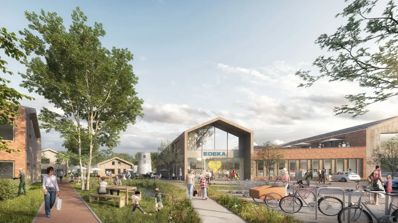Isometrische Zeichnung eines Bauprojekts mit mehreren Gebäuden und markierten Strukturen in Rot
