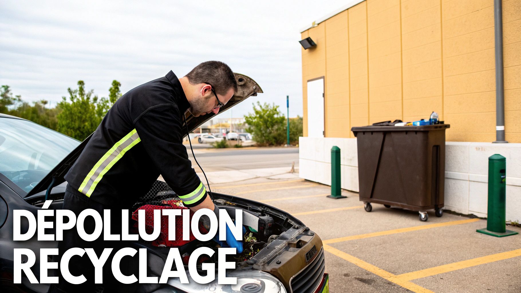 Un homme en uniforme de travail inspecte le moteur d'une voiture, symbolisant la dépollution et le recyclage.