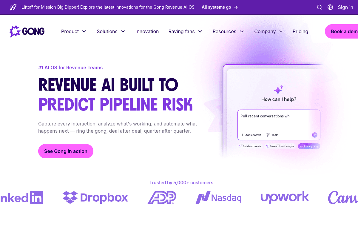 Gong homepage, revenue intelligence platform for revenue teams