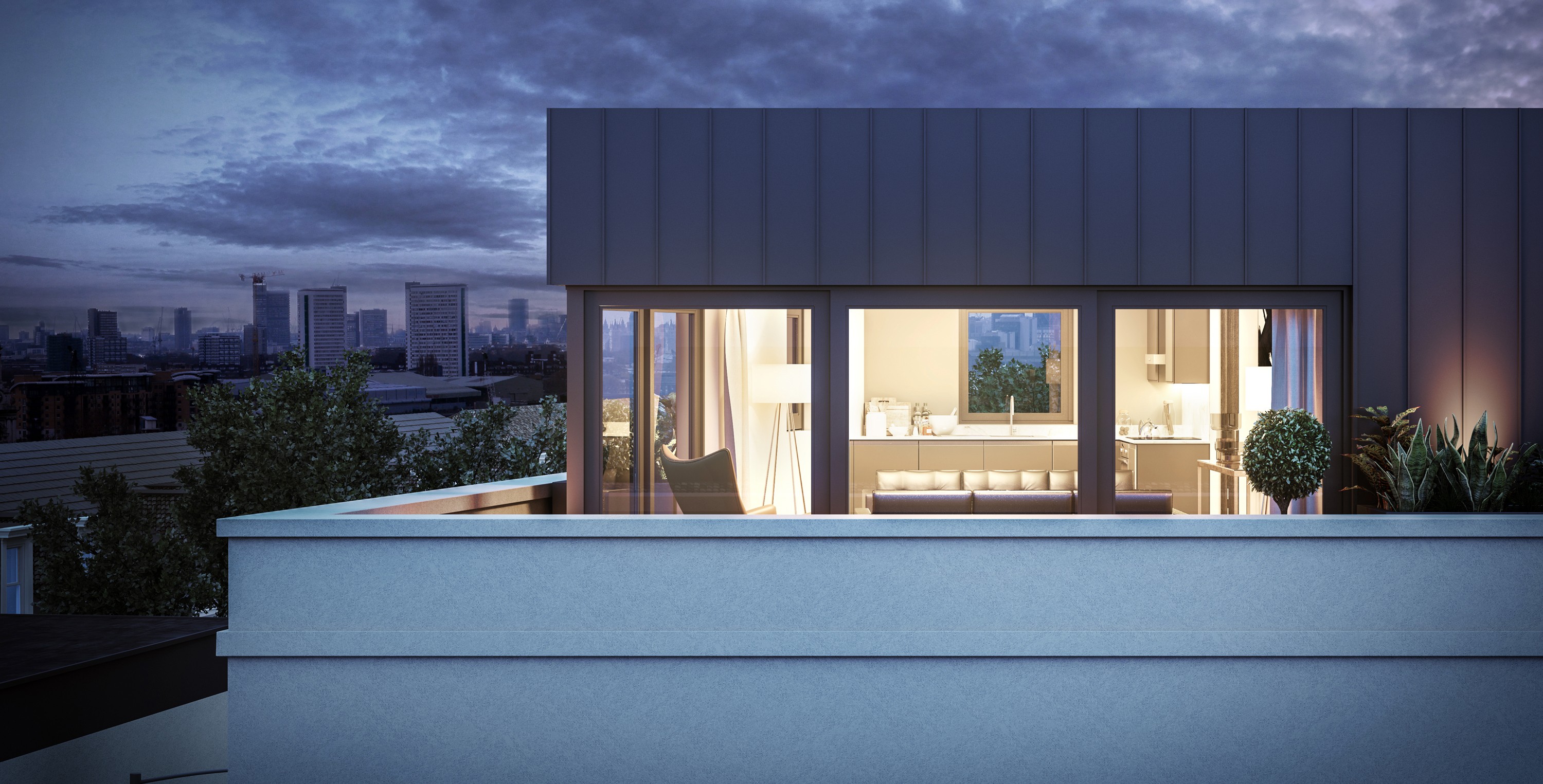 Modern white house with glass walls on a cliff, overlooking the ocean at sunset. Vibrant flowers and a large moon create a serene, dreamy atmosphere.