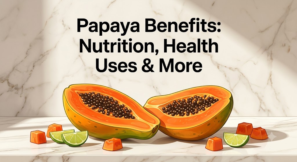 A vibrant, illustrative infographic showing a halved ripe papaya with orange flesh and seeds on a marble counter, accompanied by lime wedges and papaya cubes, with the text 'Papaya Benefits: Nutrition, Health Uses & More'.