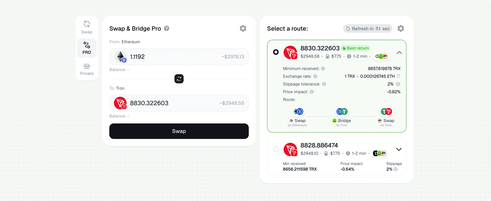 Ethereum to TRON Bridge — live route in PRO mode: 1.1192 ETH (Ethereum) to 8,830.32 TRX (Tron) · Symbiosis