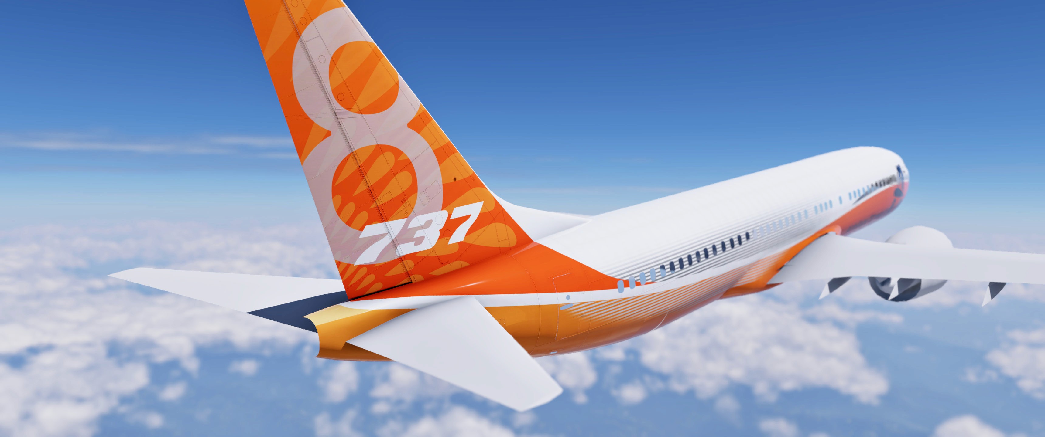 Rear three-quarter view of the AFL 737 MAX 8 in flight showing the orange tail with the number eight
