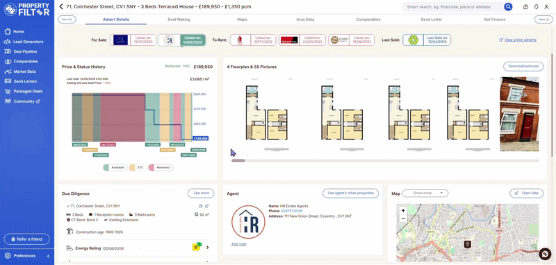 Property Filter fall-through data showing property sale history